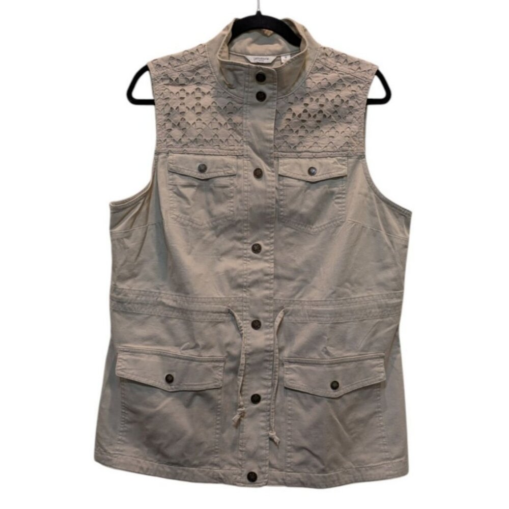 Liz Claiborne Snap Front Utility Vest Sz 12 Drawstring Floral Lace Overlay Khaki